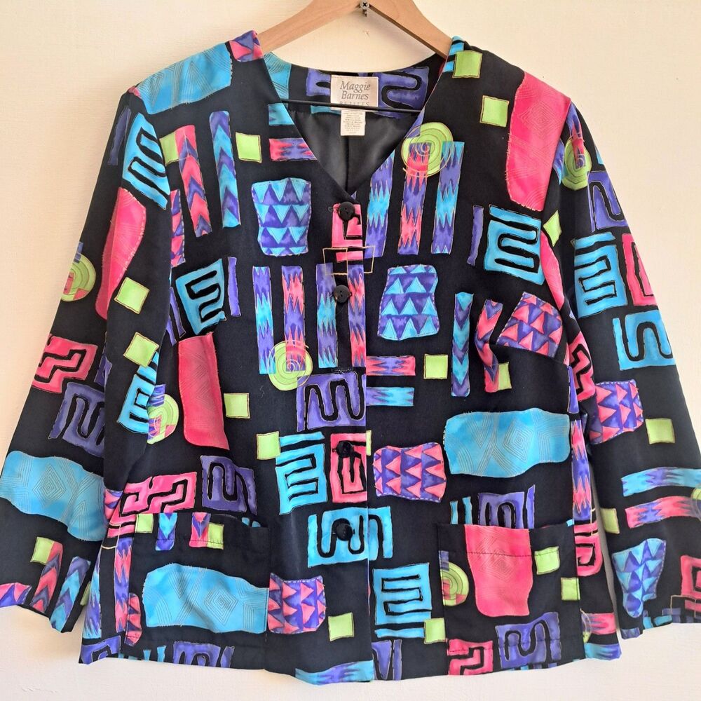 Maggie Barnes Petites 16 Geometric 80s Vintage Jacket Top Neon Button Pockets